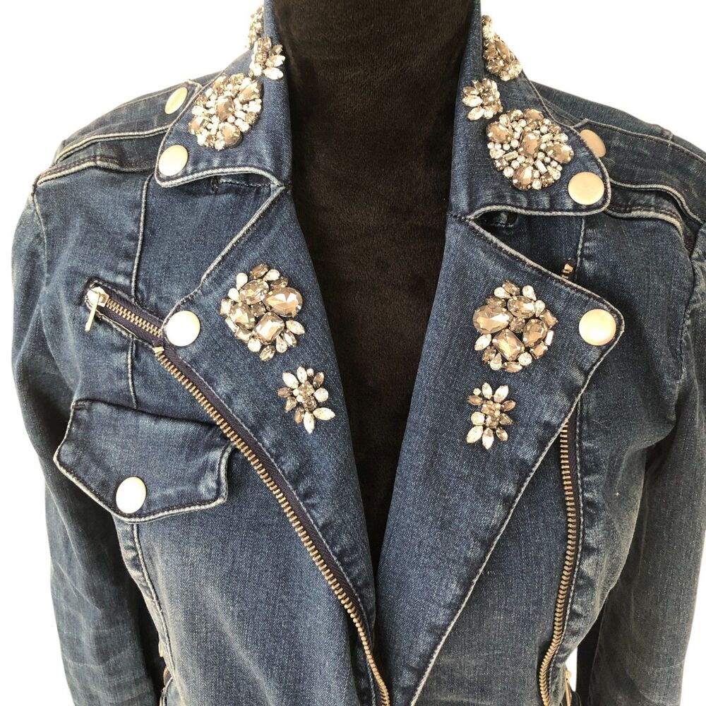 Bebe Rhinestone Embellished Stretchy Retro Y2K Denim‎ Moto Jacket Size S - Picture 4 of 14